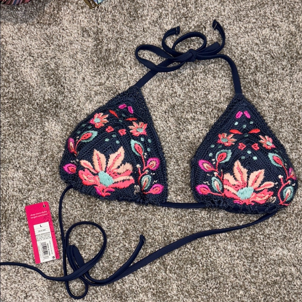 Xhilaration Navy and Pink Floral Bikini Top